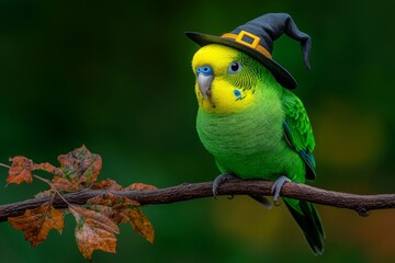 A vibrant green parrot wearing a whimsical witch hat, perched on a branch amidst autumn leaves, exuding festive charm.