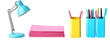 © Neural9 Project - Blue Desk Lamp, Pink Note Papers and Colorful Pencils in Holders Isolated on a Transparent Background
