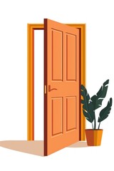 Wall Mural - Flat illustration open door architecture building white background.