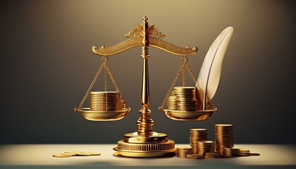 Realistic 3D rendering, a golden scale balancing a stack of coins and a feather, intricate details, soft lighting, symbolic of monetary policy, high resolution