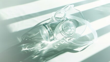 Place the oxygen mask on a clean white surface with a soft shadow that emphasizes the details and shape of the mask.