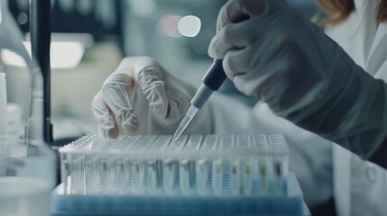 Poster - Researcher using pipette to transfer liquid into microplate in a sterile lab