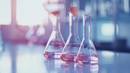 Poster - Transparent flasks with chemicals on a sterile background