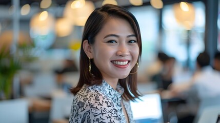 Confident Asian Businesswoman Smiling at Office Desk with Laptop