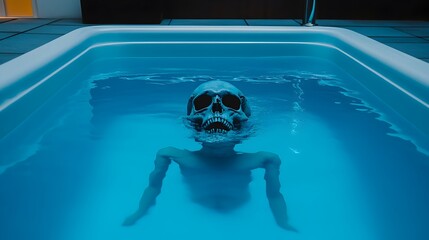 Eerie Submerged Skull Looming in Ominous Blue Underwater Pool