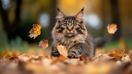 A playful cat amidst colorful autumn leaves in a vibrant outdoor setting.