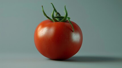 Poster - A close-up view of a single ripe tomato, focusing on its smooth surface and natural sheen against a plain backdrop.