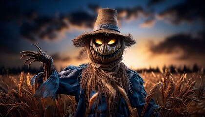 Scarecrow in realistic goblin shape, Halloween

