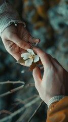 Wall Mural - A pair of hands holding a delicate flower, symbolizing fragility and care in a touching moment