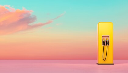 Futuristic fuel pump in gold, glowing under a vibrant sky, luxury fuel concept, 3D illustration