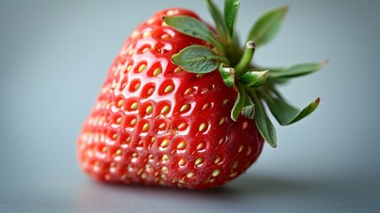 Wall Mural - A detailed view of a single strawberry with a focus on its texture and seeds, presented against a smooth, unobtrusive background that highlights its freshness.