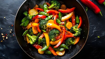 A lively stock photo of a colorful vegetable stir-fry in a wok, featuring a mix of bell peppers, broccoli, carrots, and snap peas, all coated in a savory sauce.