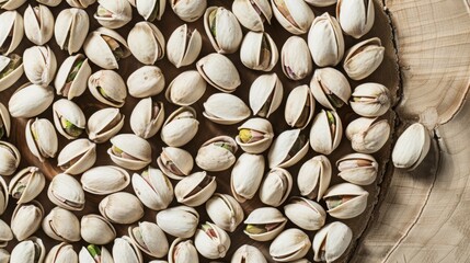 Poster - A detailed close-up of pistachio nuts arranged in a pattern on a wooden platter, emphasizing their green interior and beige shells.