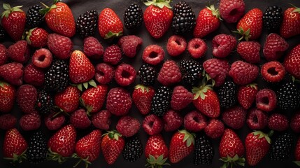 Aufkleber - A detailed view of an assortment of fresh berries including raspberries, strawberries, and blackberries, arranged to highlight their rich, contrasting colors and textures.