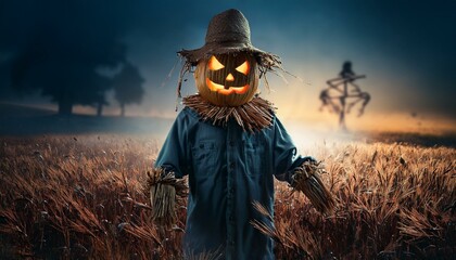 Scarecrow in realistic goblin shape, Halloween

