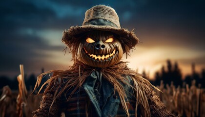 Scarecrow in realistic goblin shape, Halloween

