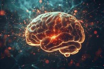 Poster - A glowing, digital representation of a brain with interconnected neural networks.