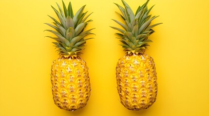 Two fresh ripe yellow pineapples on a vibrant yellow background