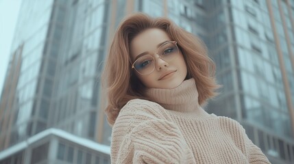 A confident woman with a bob hairstyle and glasses stands against a modern glass building, dressed in a brown turtleneck sweater, enjoying natural daylight