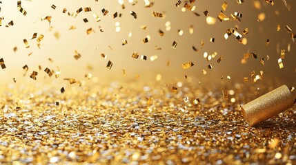 Poster - Gold confetti falls from a party popper onto a shimmering surface during a festive celebration setting