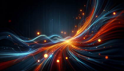 Abstract dynamic flowing lines in vibrant orange blue hues composition evokes a feeling of motion and light suggesting a digital or futuristic theme against a dark background