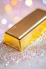 Close-up of a polished gold ingot resting on a glittery surface, soft focus bokeh in the background, evoking wealth, elegance, and high value