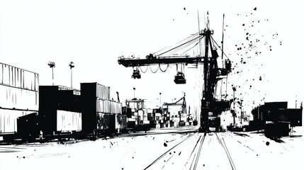 Wall Mural - Black and white sketch of a crane driver lifting a container in a busy port, stark contrast, Minimalist, Ink, Monochrome