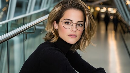 A confident woman with a bob hairstyle and glasses stands against a modern glass building, dressed in a brown turtleneck sweater, enjoying natural daylight