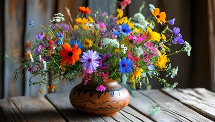 Vibrant wildflower arrangement in a rustic vase atop a weathered wooden table