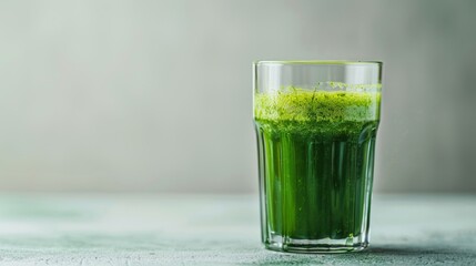 Wall Mural - A vibrant green juice with a hint of citrus served in a clear glass