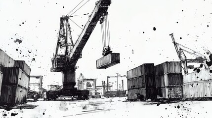 Wall Mural - Black and white sketch of a crane driver lifting a container in a busy port, stark contrast, Minimalist, Ink, Monochrome