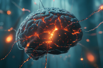 Poster - A glowing brain surrounded by neural connections in a mystical environment.