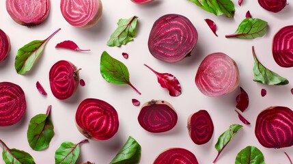 Poster - A striking artistic composition featuring sliced ​​beetroot and beetroot leaves on a plain color background.