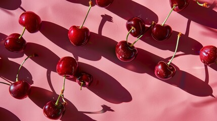 Wall Mural - An artistic composition showcasing a spread of glossy, fresh cherries with subtle shadows, creating a rich, colorful background