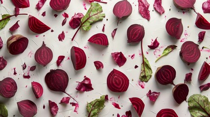 Poster - Presentation of sliced ​​beetroot and beetroot leaves on a solid color background.