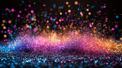 Poster - Colorful shimmering glitter creates a vibrant visual display on a dark background during a festive celebration at night