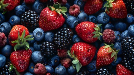 Poster - A visually appealing spread of assorted berries with a focus on the bright red of strawberries, the deep blue of blueberries, and the rich tones of blackberries, set against a plain background.