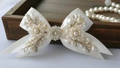 Chic white ribbon adorned with pearls and rhinestones for crafting, design projects, or exquisite wedding decorations