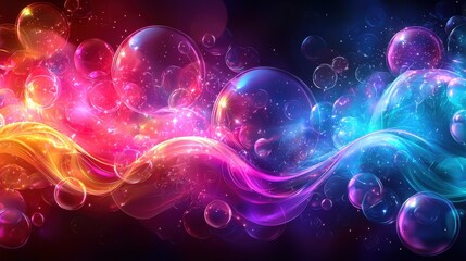Poster - Colorful abstract background with bubbles and flowing lines in vibrant hues of blue, pink, and orange