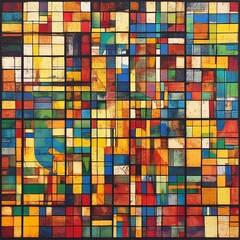 Poster - Abstract colorful grid pattern with various shades of yellow, red, blue, green and orange.