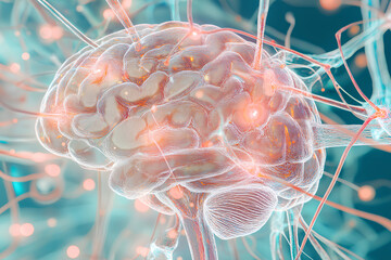 Poster - A digital illustration of a brain with neural connections and glowing elements.
