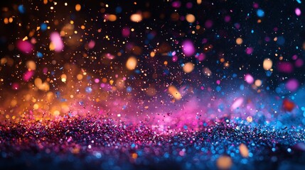 Poster - Vibrant glitter particles create a dazzling display of color against a dark background during a celebration or festive event in the evening