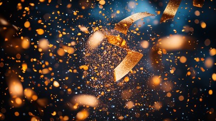 Poster - Golden particles and ribbons create a magical festive atmosphere during a celebration amidst a dark background