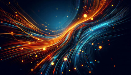 Abstract dynamic flowing lines in vibrant orange blue hues composition evokes a feeling of motion and light suggesting a digital or futuristic theme against a dark background