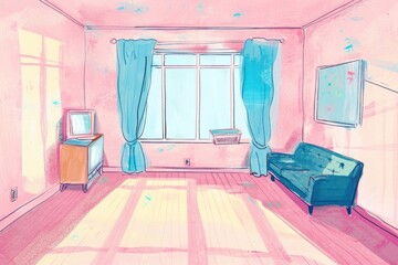 Sticker - Cute empty room illustration furniture indoors bedroom.