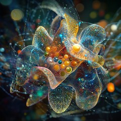 Poster - Abstract colorful swirling mesh with sphere cluster.