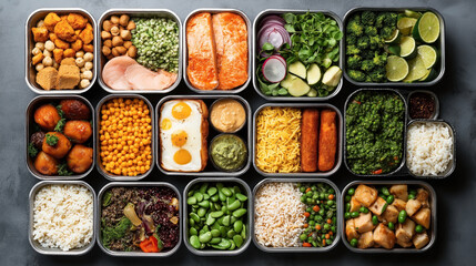 Canvas Print - A variety of ready-to-eat meals in stainless steel containers, including grilled salmon, boiled eggs, assorted vegetables, rice, beans, salad, and fried foods.