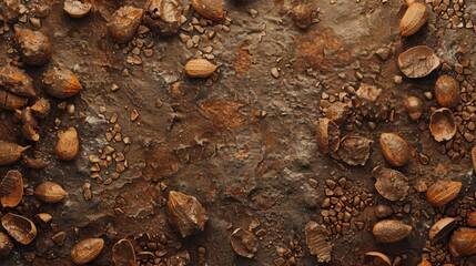 Poster - Close-up of a textured surface covered with scattered peanuts in their shells, highlighting the natural brown tones and rough textures