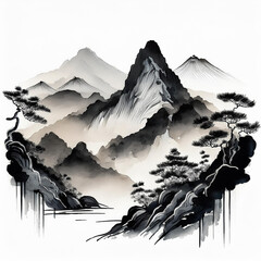 Scenic mountain view in traditional Chinese ink style, hand drawn art with black watercolors