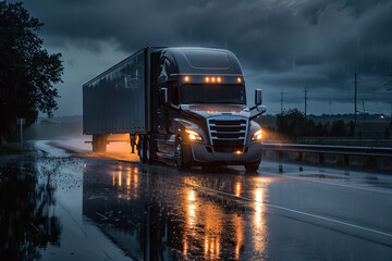 Wall Mural - Gray big rig semi truck with turned on headlights on the highway on a rainy day